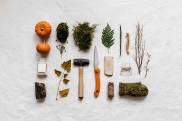 Crafting tools and natural materials arranged for whimsical autu