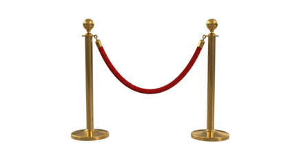 Two elegant golden stanchions with red velvet rope isolated on transparent background
