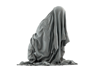 Figure shrouded in draped cloth, against a black background