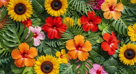 Tropical Flower Garden with Hibiscus and Sunflowers Vibrant Floral Background Lush Foliage Display