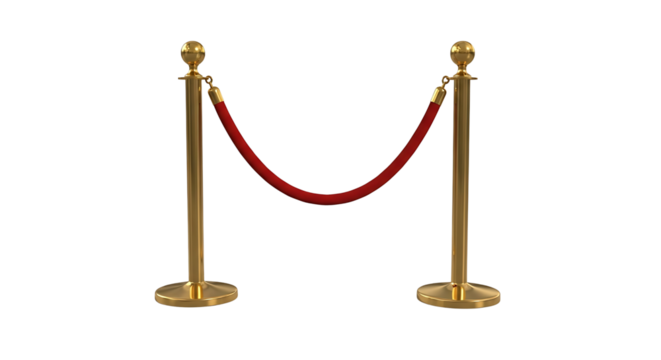 Two elegant golden stanchions with red velvet rope isolated on transparent background