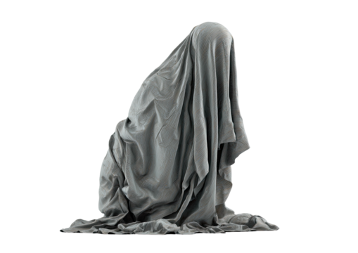 Figure shrouded in draped cloth, against a black background