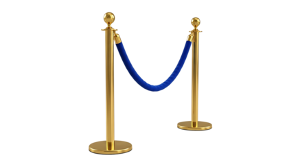 Elegant golden stanchions with blue velvet rope isolated on transparent background