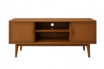 Wooden tv stand with two cabinets and open shelves, featuring mid-century modern design and isolated on transparent background