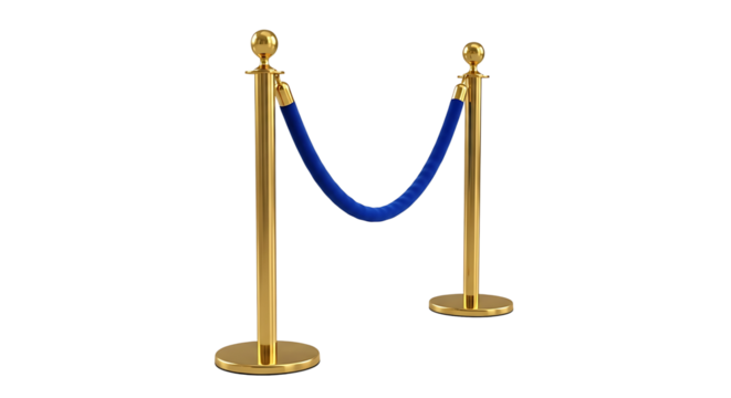 Elegant golden stanchions with blue velvet rope isolated on transparent background