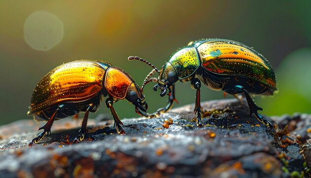 Close-up of Two Iridescent Beetles Confronting Each Other on a Rock