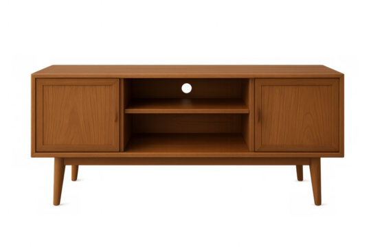 Wooden tv stand with two cabinets and open shelves, featuring mid-century modern design and isolated on transparent background