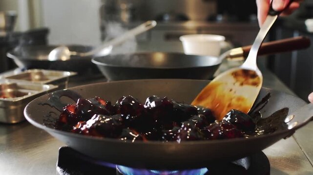 Chef stir-fries glossy black garlic soy fried chicken in a hot wok, dark charcoal glaze reflecting firelight, aromatic steam swirling through the kitchen atmosphere.