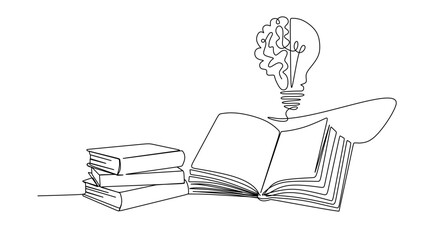 One single line drawing of shining light bulb with human brain above open text book logo identity.
