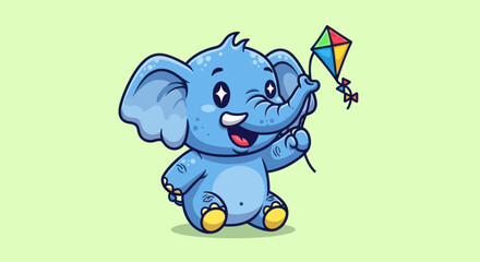 A cheerful blue elephant cartoon holding a colorful kite on a light green background