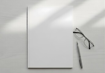 Closed Blank Magazine on White Desk with Pen and Glasses, Top View