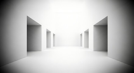 A symmetrical perspective of a minimalist white corridor with receding doorways, creating a sense of depth and endlessness
