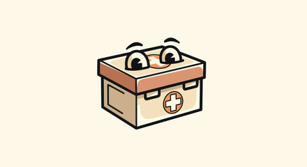 Animated, cartoony first-aid box with eyes, a cross symbol, and a light, tan color scheme