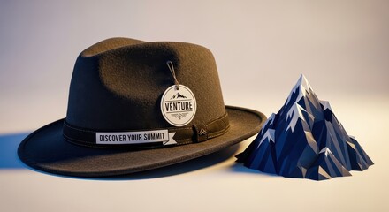 A fedora hat with tag and mountain exploring adventure