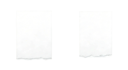 Two torn white paper rectangles with rough edges isolated on transparent background