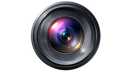 Close up of a camera lens with colorful reflections isolated on transparent background