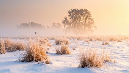 Winter sunrise illuminates frosted field and distant trees shrouded in soft golden mist creating a serene natural landscape