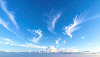 Wispy white cirrus clouds stretch across a vibrant blue sky above a distant horizon with scattered fluffy cumulus clouds illuminated by soft sunlight creating an ethereal atmospheric scene