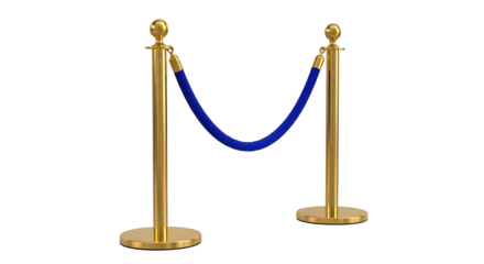 Elegant gold stanchions with a plush blue velvet rope barrier isolated on transparent background