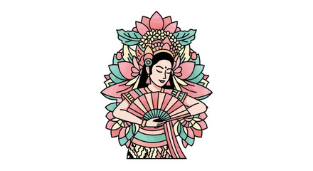 A stylized, colorful illustration of a woman in traditional attire, holding a fan