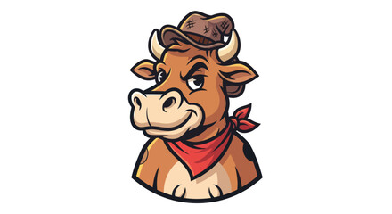A cartoon cow wearing a cowboy hat and a red bandana smiles against a white background