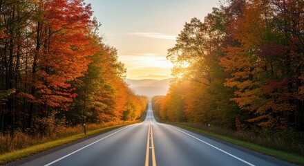 A long road leading to the horizon with autumn trees at sunset