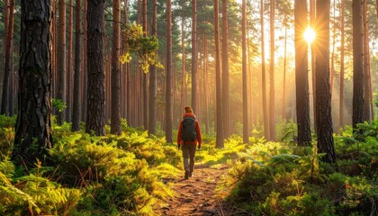 Woman Hiking Through Sunlit Pine Forest at Sunrise with Backpack and Red Jacket