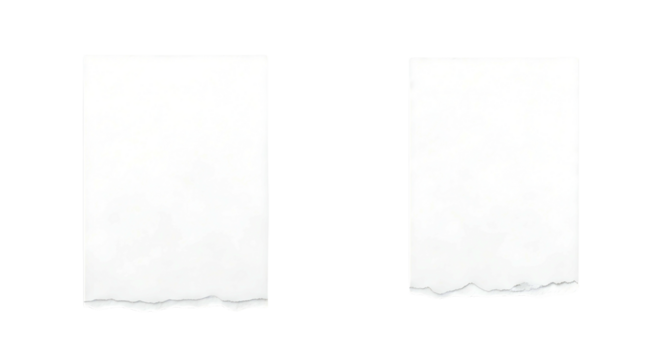 Two torn white paper rectangles with rough edges isolated on transparent background