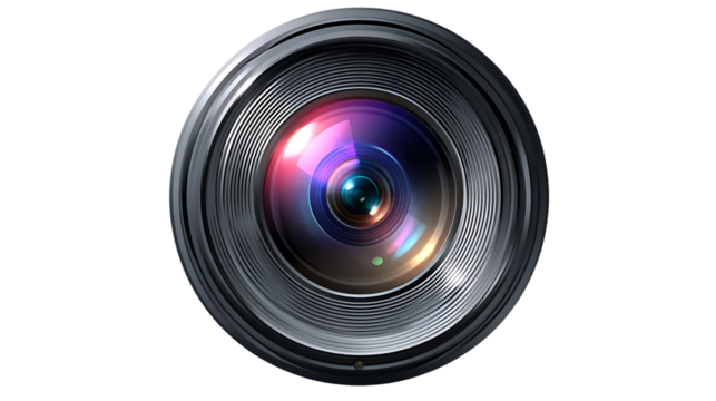 Close up of a camera lens with colorful reflections isolated on transparent background