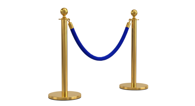 Elegant gold stanchions with a plush blue velvet rope barrier isolated on transparent background - Powered by Adobe