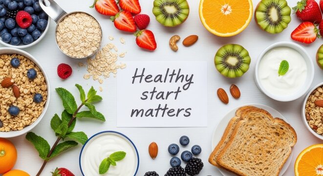 A healthy breakfast with various fruits and grains
