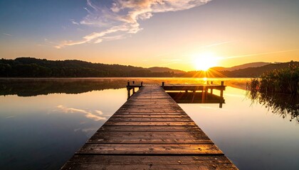 Wooden Dock on Calm Lake at Sunrise with Golden Sunburst and Reflections of Lush Green Hills