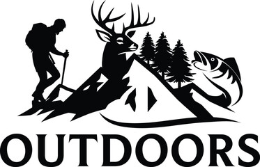 Hunting logo with deer, fishing and man in the forest