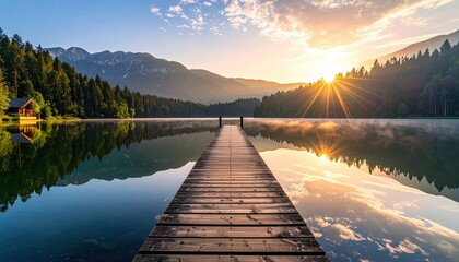 Wooden pier stretching across a misty lake towards mountains at sunrise with golden sun rays and reflections on water