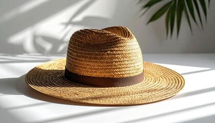 Woven Straw Fedora Hat with Dark Ribbon Detail on White Surface with Palm Frond Shadow Overlay and Natural Sunlight