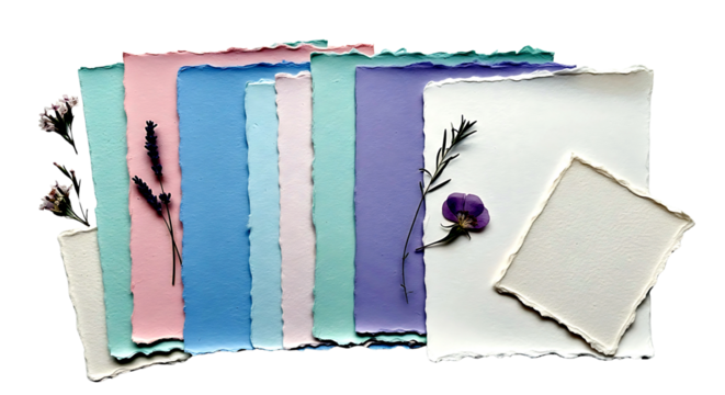 Collection of handmade textured paper sheets with floral elements isolated on transparent background