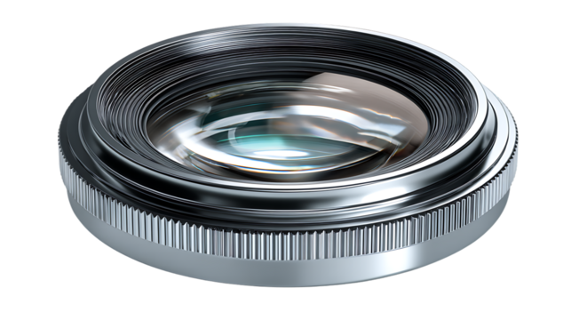 Closeup of a camera lens with a metallic rim isolated on transparent background