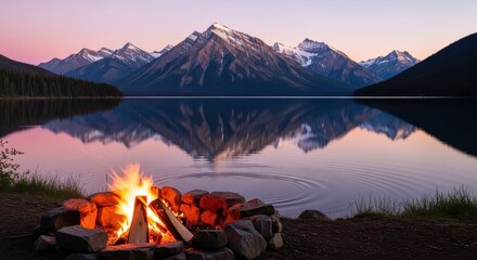Campfire burning by a serene lake at twilight