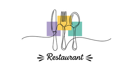 One line continuous drawing of fork, knife, and spoon, symbolizing a restaurant with abstract color blocks in the background