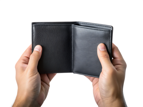 Hands holding open an empty black leather wallet isolated on transparent background