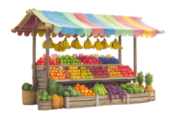 Colorful fruit stand under striped awning, packed with produce
