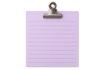 Purple lined note paper held by binder clip, providing blank copy space for reminder, message or memo, transparent background
