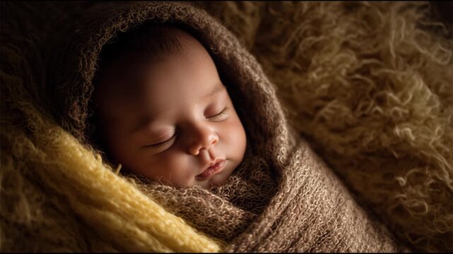 Peaceful portrait of a sleeping newborn swaddled snugly in a cozy, textured brown blanket with dramatic, warm lighting.