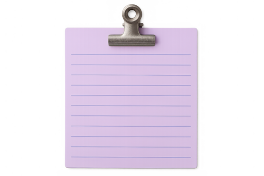 Purple lined note paper held by binder clip, providing blank copy space for reminder, message or memo, transparent background