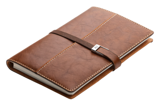Brown leather notebook isolated on white or transparent background
