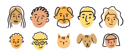 Obraz premium Family face portrait doodle avatar set. hand drawn woman, man, boy, girl, teenager face head portrait, grandmother grandfather. old and young people