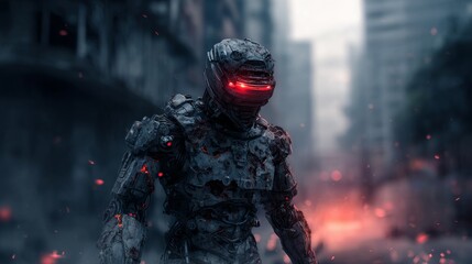 Military-style robot walking through a dystopian city