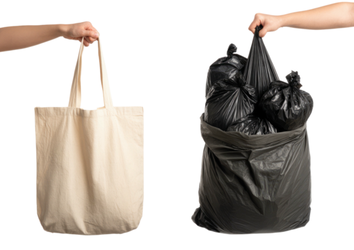 Tote and trash. Two hands holding a reusable bag vs. garbage bag