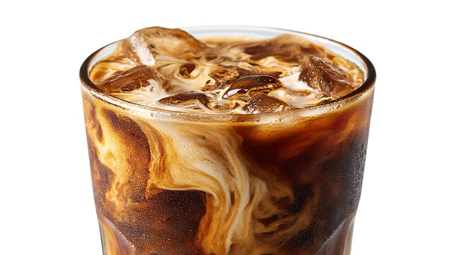 A closeup of iced coffee with cream swirls, isolated on transparent background