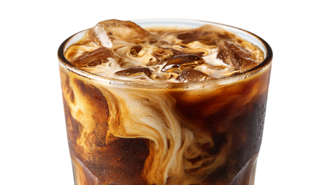 A closeup of iced coffee with cream swirls, isolated on transparent background